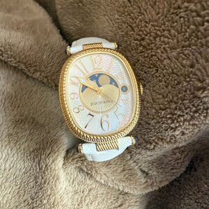 Judith Ripka Goldtone Stainless Steel White Leather Strap Moon Phase Watch